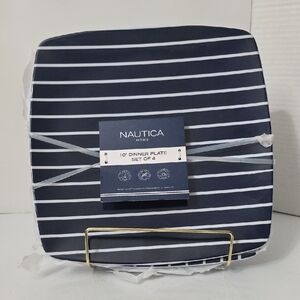 Nautica Blue and White Striped Dinner Plates, Set of 4, NWT